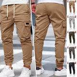 Mens Solid-color Work Pants With Drawstring Elastic Cuffs