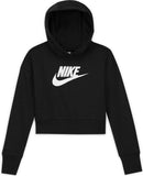 Nike Girls Sportswear Club Fleece Crop Hoodie (Little Kids/Big Kids) Black/White XL (18-20 Big Kid)