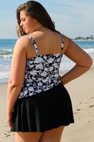 Black Printed Square Neck Drawstring Ruffled Tankini Set