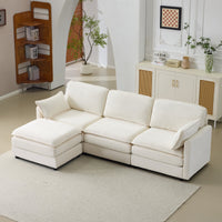 104' Plush Cloud 3 Seater Sofa: Modular 3 Seater Sofa + Ottoman with 22' Beige Chenille Cushions + 2 Throw Pillows - Compact Size for Apartment, Living Room, Bedroom (Beige)