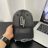 Retro Washed Distressed Denim Baseball Cap With Patch Holes And Embroidered Letter QY Soft Top Casual And Versatile Beanie