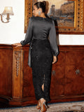 Surplice Neck Knot Side Split Back Sequin Dress Black Elegant Long Sleeve Formal Evening Prom Wedding Guest Gown For Graduation Dinner Party Dress