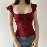 Women's Lace Up Square Neck Slimming Short Sleeve Top
