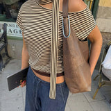 Asymmetrical Slanted-neck Striped T-shirt For Women