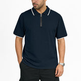Mens Jacquard Loose-Fit Short-Sleeve Zip-Up Polo Shirt