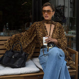 Leopard-print Hollow-out Small Stand-up Collar Long-sleeve Shirt