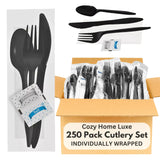 250-Pack Black Plastic Cutlery Set | Fork Spoon Knife Napkin & Salt Pepper Packets | Disposable Plastic Silverware Sets Individually Wrapped
