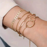 4-Pieces: Vintage Leaf Pendant Hand Chain Bracelet Set For Women