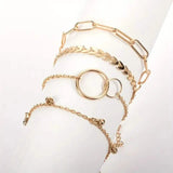 4-Pieces: Vintage Leaf Pendant Hand Chain Bracelet Set For Women