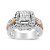 14K White and Rose Gold 1 1/8 Cttw Princess and Round-Cut Diamond Art Deco Style Triple Shank Halo Cocktail Ring (I-J Color, SI2-I1 Clarity) - Size 7
