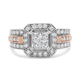 14K White and Rose Gold 1 1/8 Cttw Princess and Round-Cut Diamond Art Deco Style Triple Shank Halo Cocktail Ring (I-J Color, SI2-I1 Clarity) - Size 7