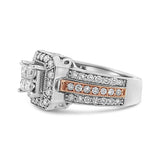 14K White and Rose Gold 1 1/8 Cttw Princess and Round-Cut Diamond Art Deco Style Triple Shank Halo Cocktail Ring (I-J Color, SI2-I1 Clarity) - Size 7