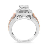 14K White and Rose Gold 1 1/8 Cttw Princess and Round-Cut Diamond Art Deco Style Triple Shank Halo Cocktail Ring (I-J Color, SI2-I1 Clarity) - Size 7