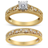 14K Yellow Gold Plated .925 Sterling Silver 1/5 Cttw Diamond Art Deco Style Engagement Ring Bridal Set (I-J Color, I3 Clarity) - Ring Size 7