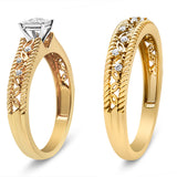 14K Yellow Gold Plated .925 Sterling Silver 1/5 Cttw Diamond Art Deco Style Engagement Ring Bridal Set (I-J Color, I3 Clarity) - Ring Size 7
