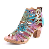 Retro Handmade Gradient Zipper Sandals with Thick Heel