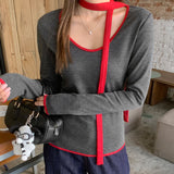 Spicy Girl-style Contrast-color Snood With Striped Long Sleeves For Layering