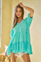 Davi & Dani Solid Ruffled Flared Short Sleeve V Neck Top