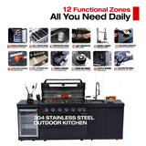 Castelle Flame Belmont 43-Inch 6-Burner 85K BTU Stainless Steel Outdoor BBQ Kitchen Grill Island With Wine Cooler, Rotisserie, And Sink (SAK19476)