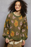 POL Floral Pattern Round Neck Balloon Sleeve Sweater