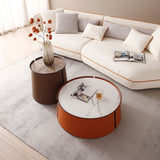 31.5" Coffee Table, Marble Top and Orange Saddle Leather Body