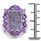 5.97 Carat Genuine Drusy Quartz and Amethyst .925 Sterling Silver Ring