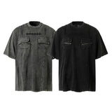 High Street Retro Workwear Zipper Pocket Decoration Washed Distressed Short Sleeve