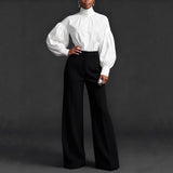 Stylish And Elegant Womens Pleated High-neck Blouse With Puffed Sleeves