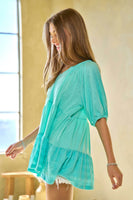 Davi & Dani Solid Ruffled Flared Short Sleeve V Neck Top