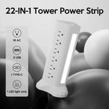 22-in-1 Power Strip Tower with 4 USB Ports & 9 AC Outlets, 10ft Extension Cable, 3-Color Night Light