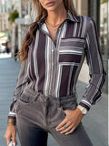 Elegant Sophisticated Striped Patchwork Print Blouse With Long Sleeves For Workwear