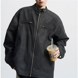 Vintage Brown Motorcycle Leather Autumn Merard Stand-up Collar Distressed Coat