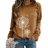 Womens Dandelion-Print Crew-Neck Long-Sleeve Loose Casual Sweatshirt