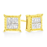 14K Yellow Gold 1.0 Cttw Invisible Set Princess-Cut Diamond Composite 8 Stone Stud Earrings (I-J Color, SI1-SI2 Clarity)