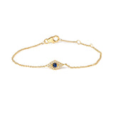 10K Yellow Gold Blue Sapphire and Diamond Accent Evil Eye Station Link Bracelet  (H-I Color, I1-I2 Clarity) - Size 7"