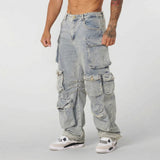 Mens Retro-style Loose-fit Washed Straight-leg Denim Jeans With Multiple Pockets