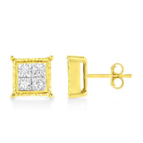 14K Yellow Gold 1.0 Cttw Invisible Set Princess-Cut Diamond Composite 8 Stone Stud Earrings (I-J Color, SI1-SI2 Clarity)
