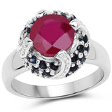 3.70 Carat Glass Filled Ruby and Blue Sapphire .925 Sterling Silver Ring
