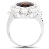 5.75 Carat Genuine Smoky Quartz and Pearl .925 Sterling Silver Ring