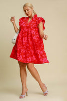 Umgee Full Size Two Tone Floral Print Ruffle Cap Sleeve Mini Dress Plus Size