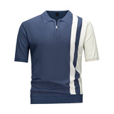 Men's Color Block Half-Zip Knit Polo Shirt, Navy & White Vertical Stripe Short Sleeve Top