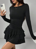 Round-neck Sheath Dress With Pleats And Long Sleeves