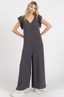 Mittoshop V-Neck Ruffled Jumpsuit with Cap Sleeves and Wide Leg Design
