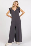 Mittoshop V-Neck Ruffled Jumpsuit with Cap Sleeves and Wide Leg Design