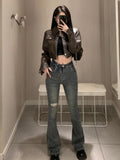 American Retro Sweet Cool Hot Girl Style Coffee Color Leather Coat Motorcycle Jacket Top