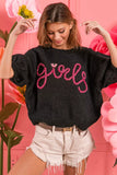 BiBi Metallic Letter Short Puff Sleeve Hairy Sweater