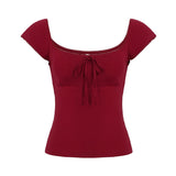 Women's Lace Up Square Neck Slimming Short Sleeve Top
