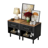 Set of 2 Mid Century Modern Nightstand with Grille Striped Doors,