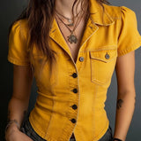Vintage Waist-Cinched Short-Style Blazer-Collar Short-Sleeve Shirt
