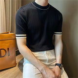 Men's Short-Sleeve Ice Silk Knit Shirt Crew-Neck Slim-Fit Sweater